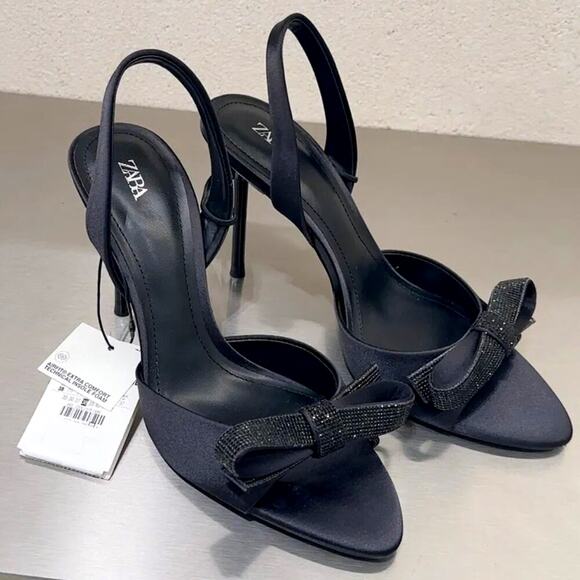 ZARA Embellished Slingback Bow Heels NWT — Size 8 Black Satin - Picture 4 of 16
